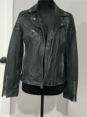 Marc New York Black Leather Moto Jacket with Quilted Shoulders
